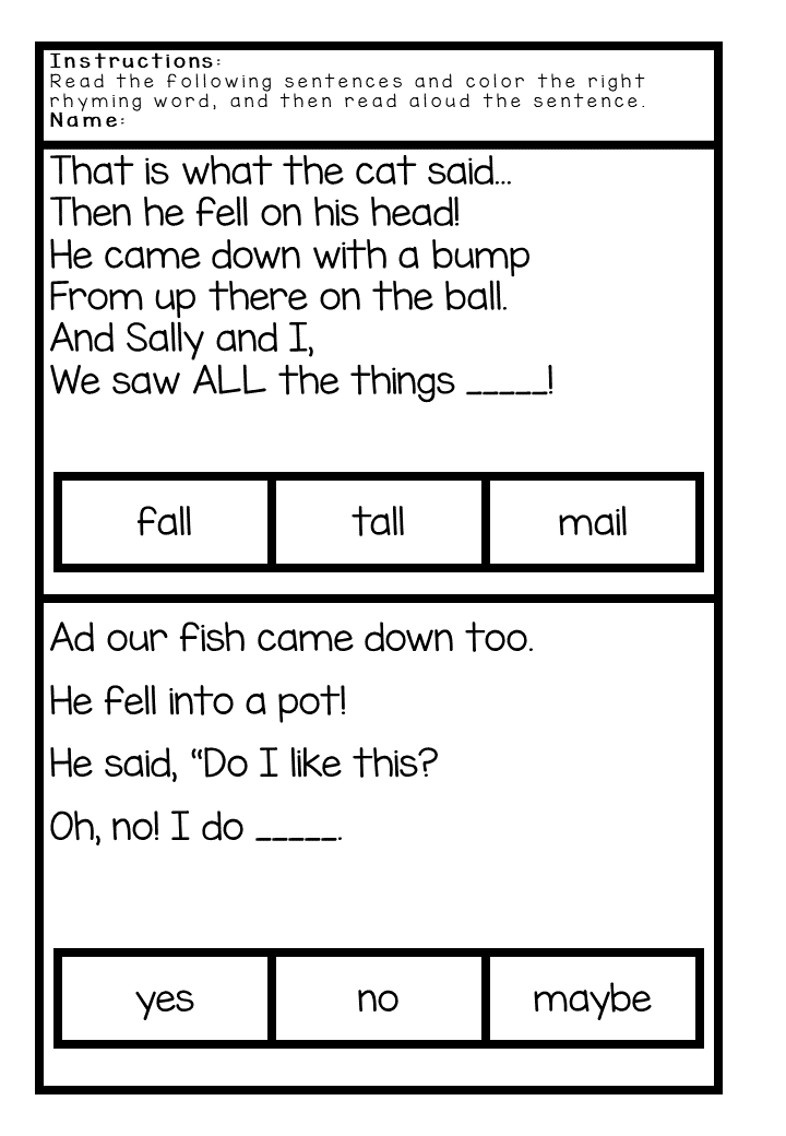 The Cat in the Hat-Color the right rhyming word