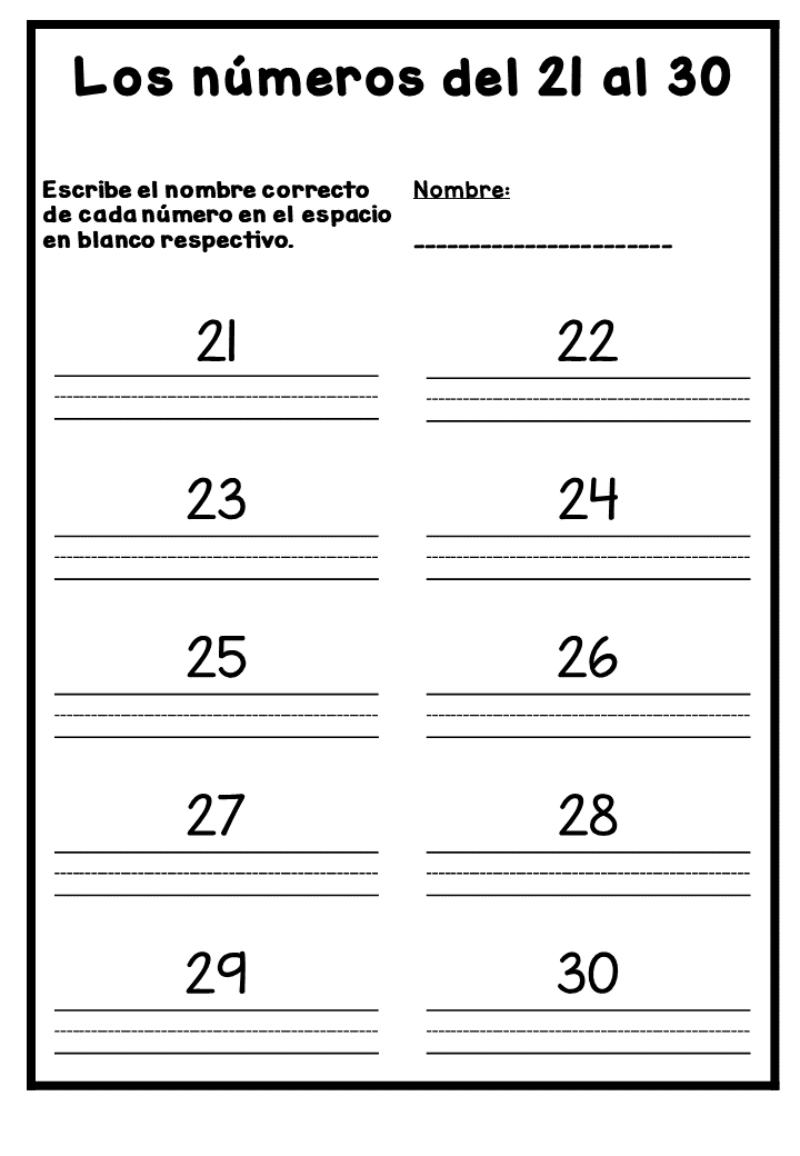 Escribir números del 21 al 30
